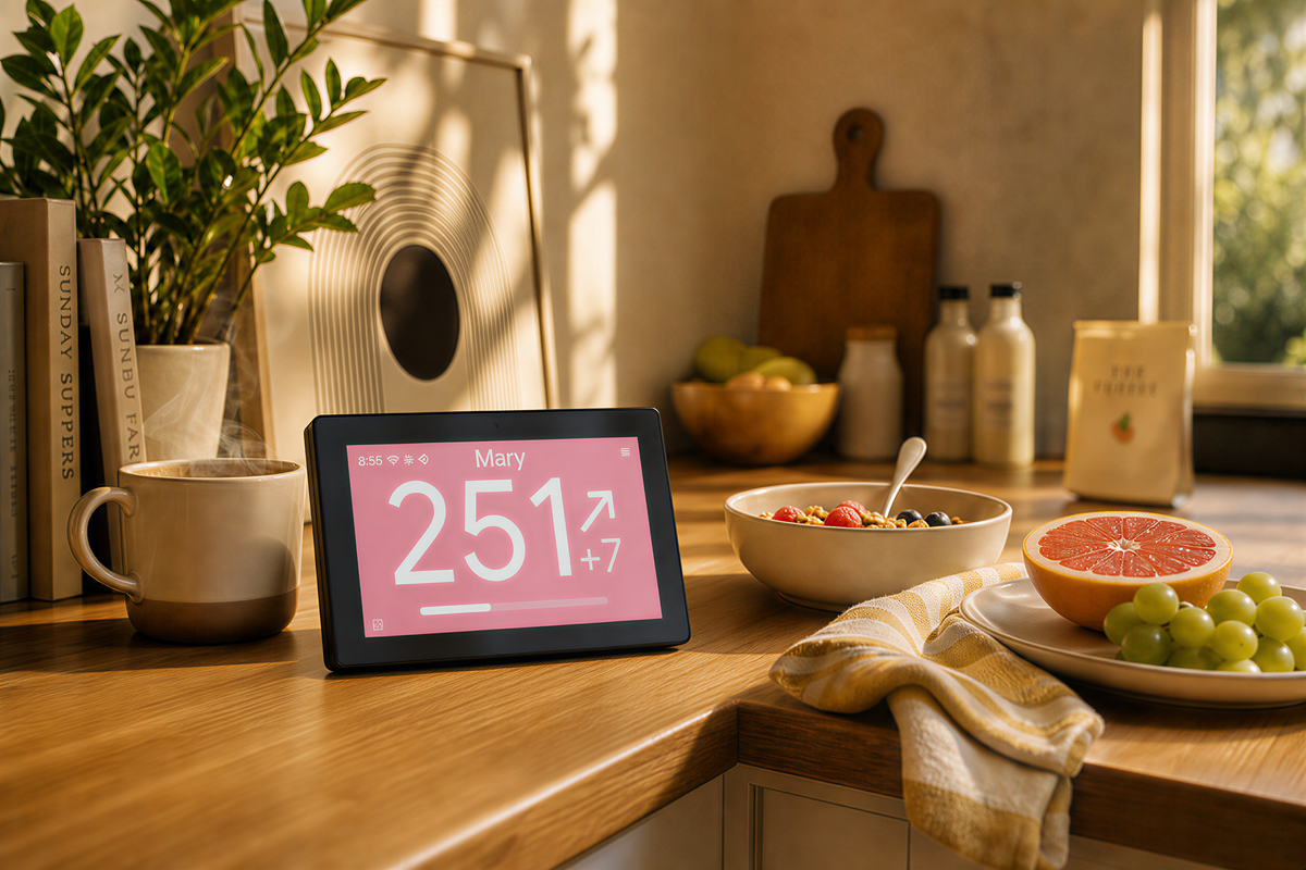 Beep generated concept of sugardash beside breakfast with a pink display