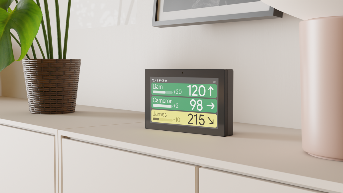 sugardash on a cabinet beside a plant, displaying glucose readings for three people in mg/dL